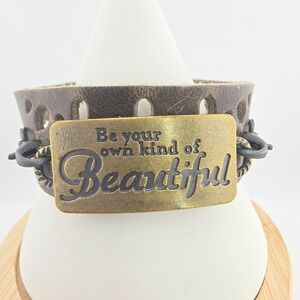 Leather Cuff Bracelet Be Your Own Kind Of Beautiful Floral Cutout Brass 7.5"